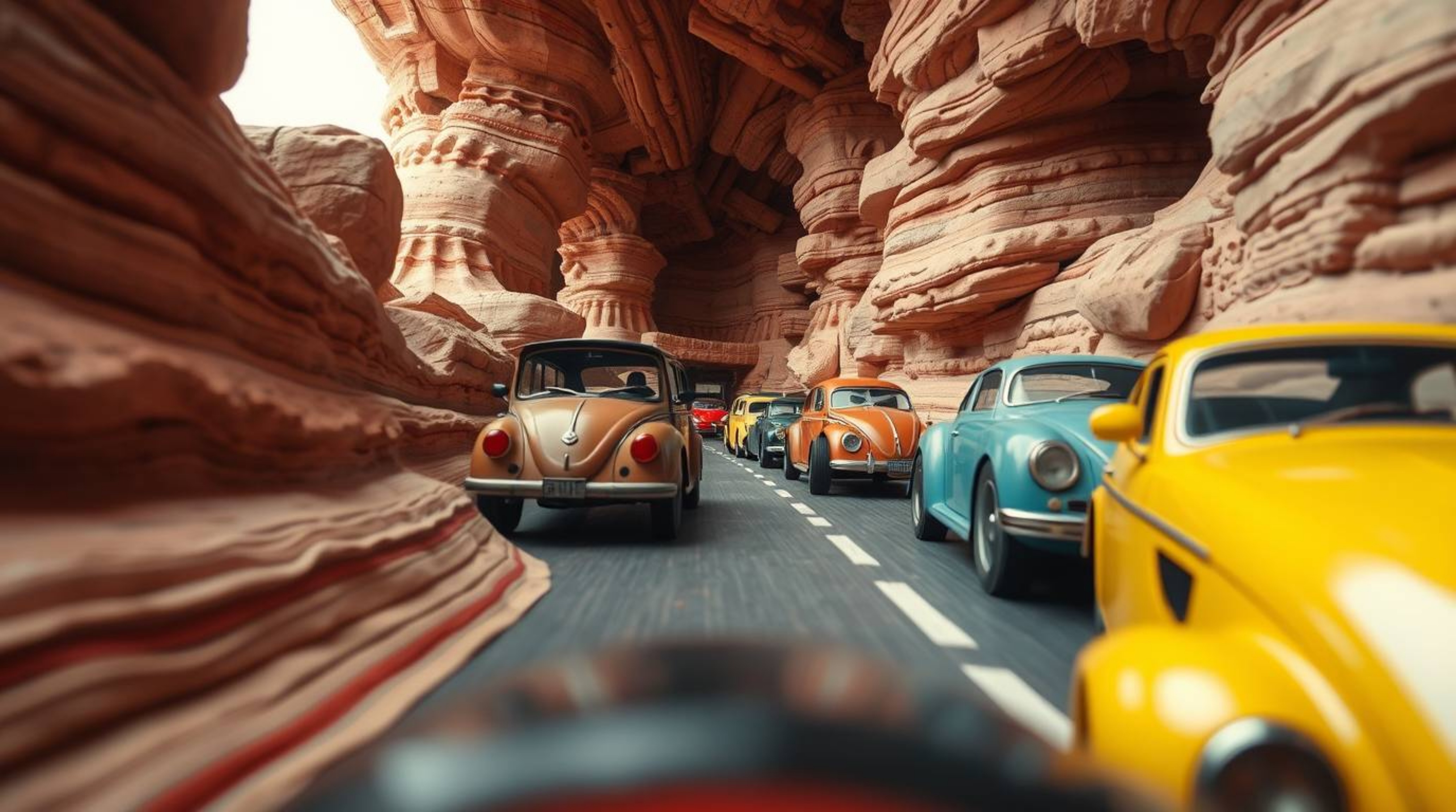 Experience a wacky racing spectacle with outlandish cars depicted from a striking low angle. This dramatic composition featur