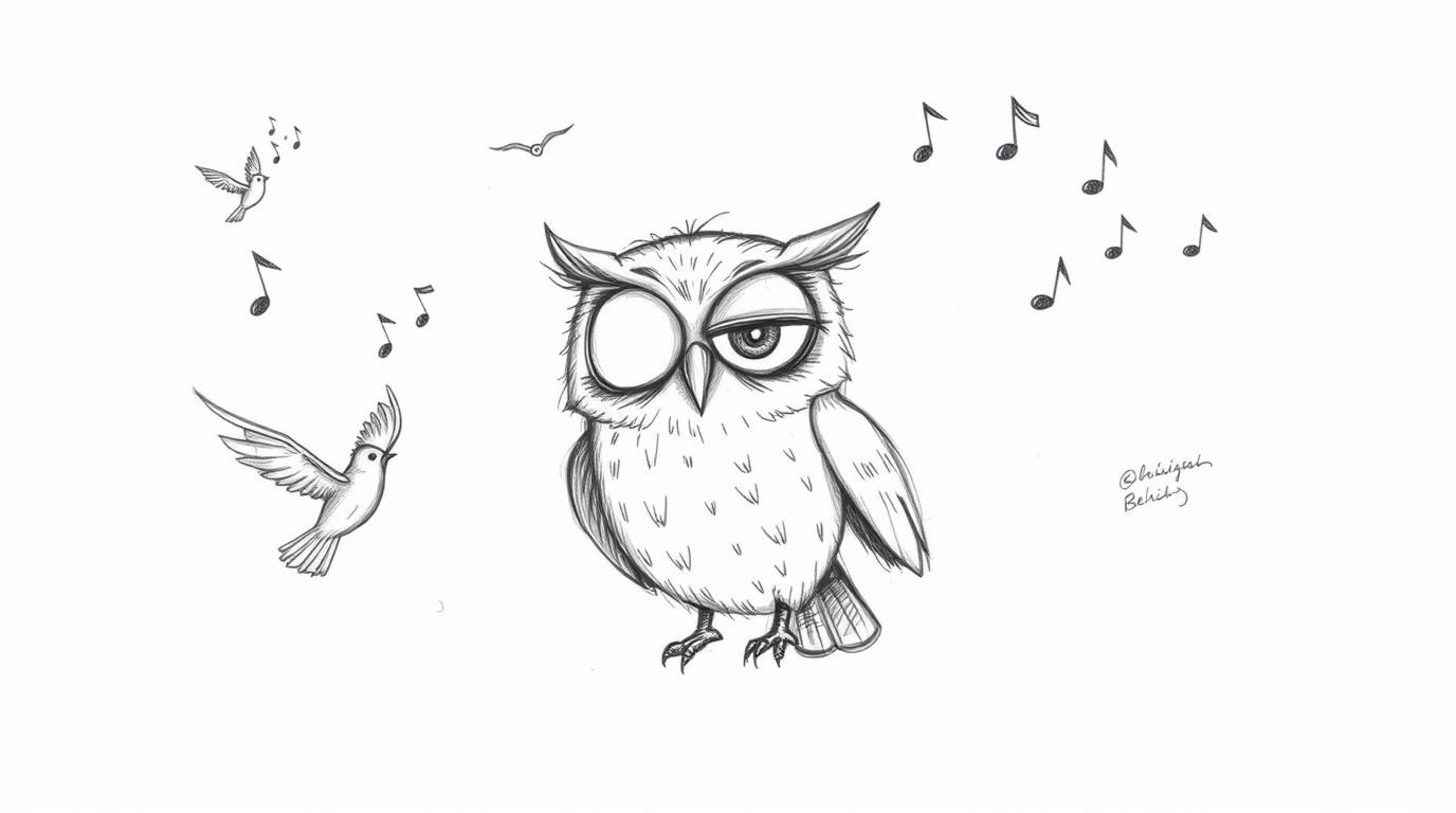 A heartwarming hand-drawn sketch in the style of Pixar depicts a blind owl with large, expressive eyes, passionately teaching