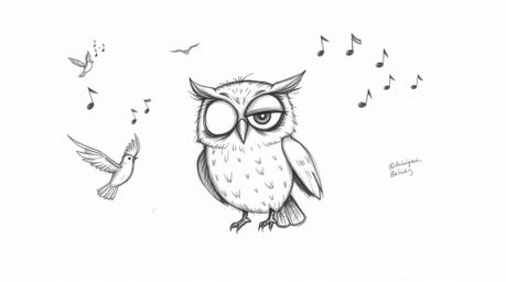 A heartwarming hand-drawn sketch in the style of Pixar depicts a blind owl with large, expressive eyes, passionately teaching