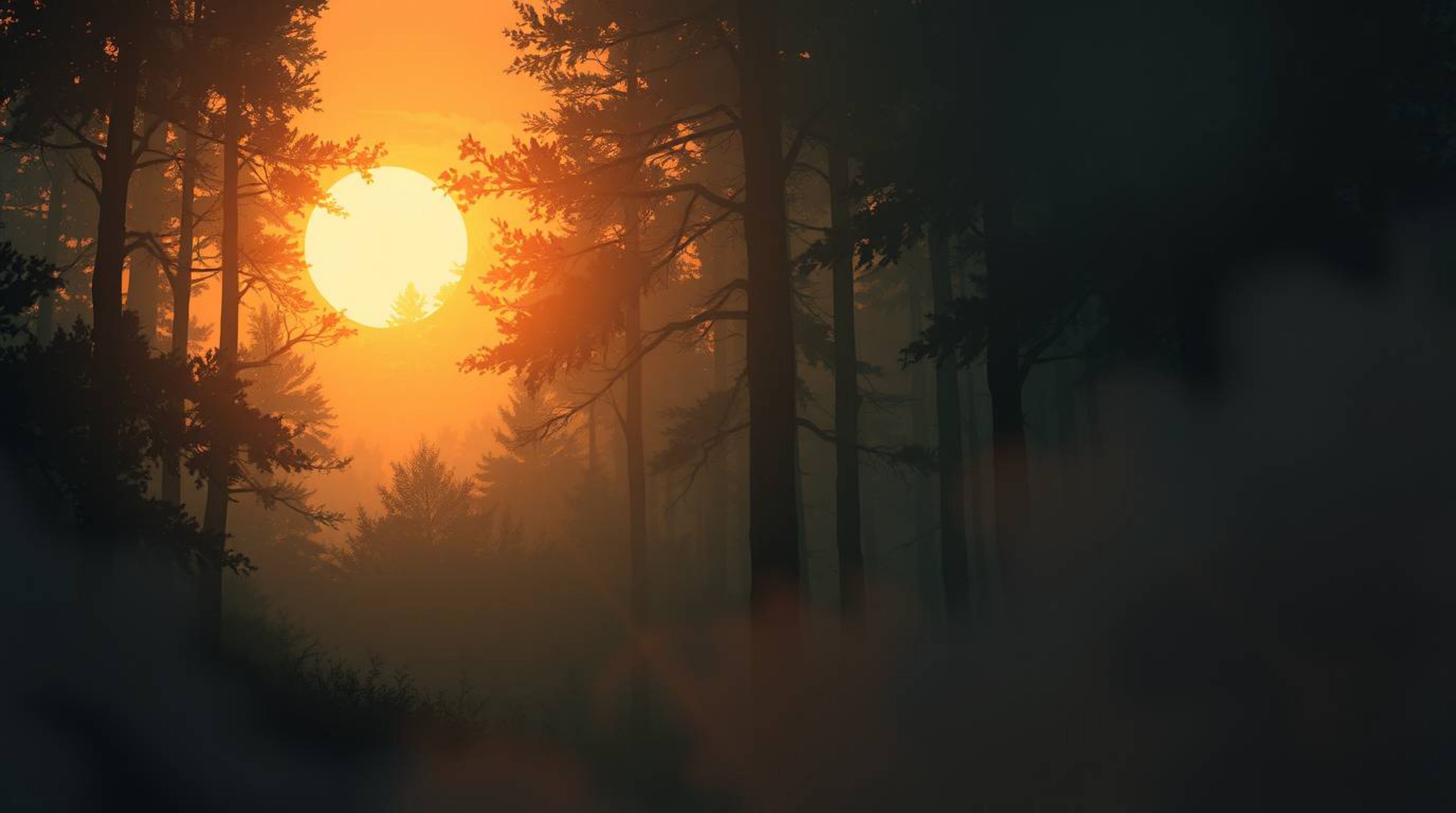 A dreamlike digital painting captures the magical moment of sunset light filtering through a dense forest.  The artwork is di