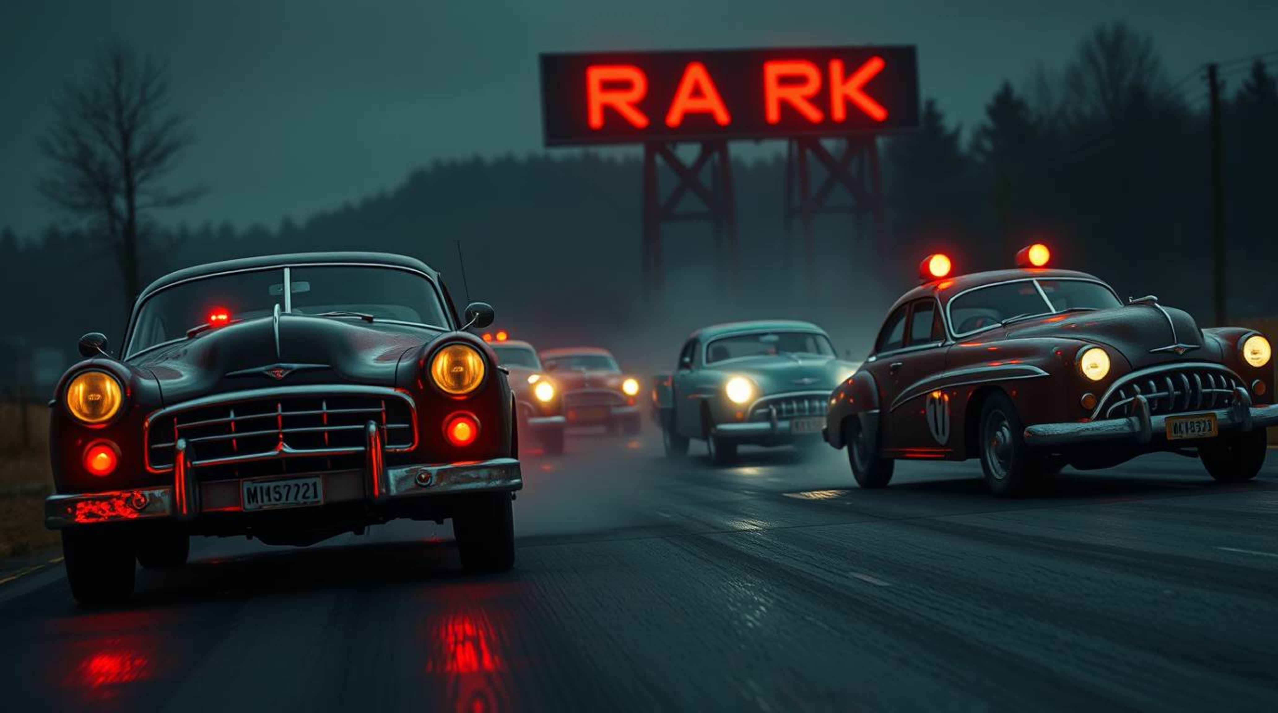 A high-resolution stock photo depicting a wacky racing scene featuring outlandish cars.  The image utilizes dark tones and un