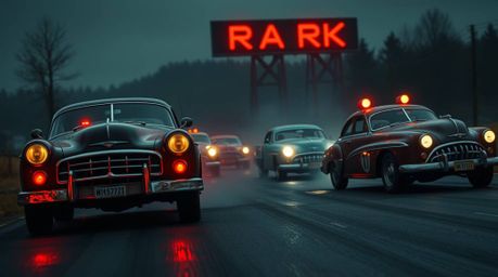 A high-resolution stock photo depicting a wacky racing scene featuring outlandish cars.  The image utilizes dark tones and un