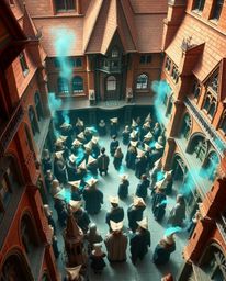 Discover a breathtaking magical school, depicted in a high-angle perspective, showcasing stunning terracotta and teal archite