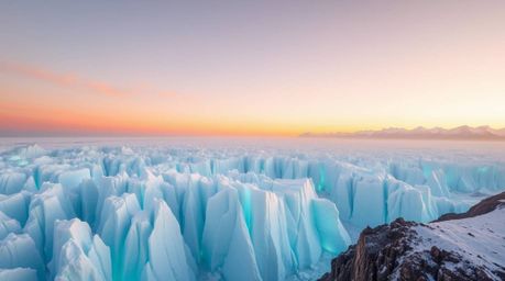 Experience the serene beauty of a soft pastel sunset casting its warm hues over icy polar glaciers. This breathtaking overhea