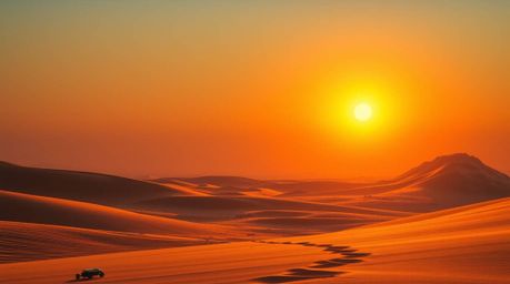 Experience a breathtaking futuristic sci-fi sunset at the edge of a desert, where golden dunes meet advanced technology and e