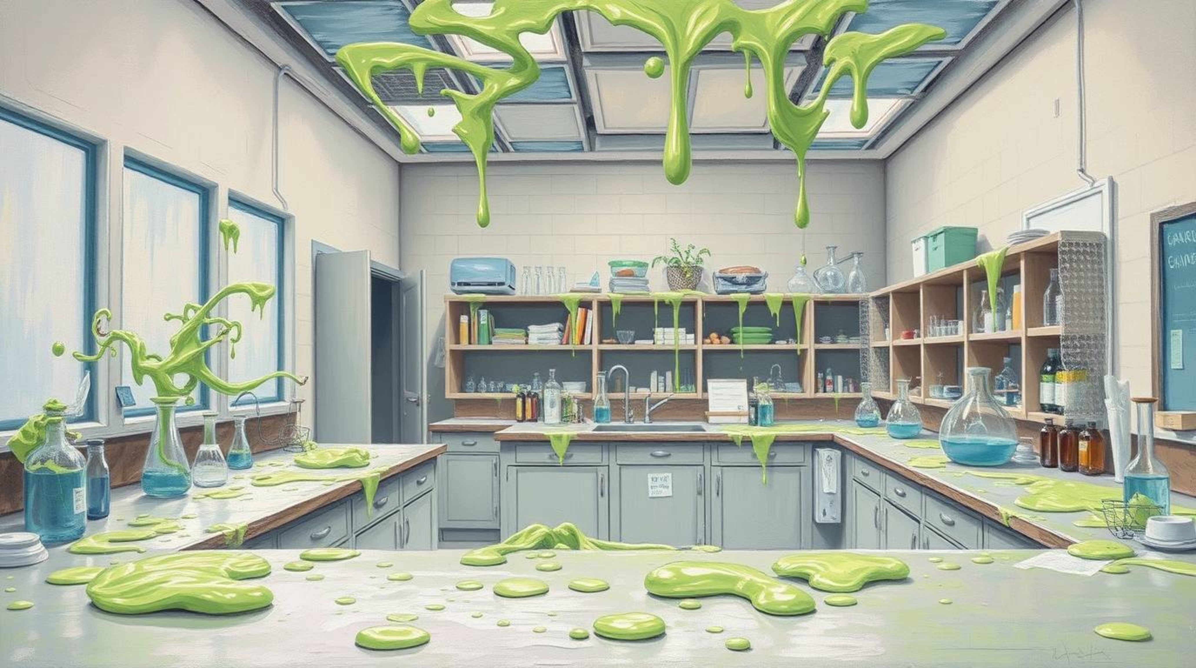 A captivating oil painting depicts a slime-covered science lab rendered in soft pastel colors, creating a gentle and soothing