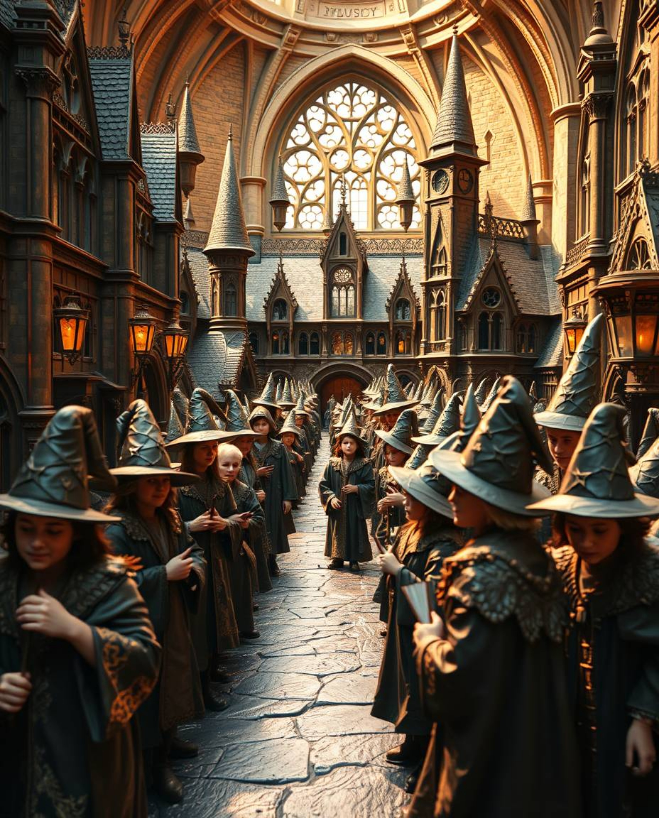 Explore a magical school brought to life in bronze, depicting young wizards bathed in a warm, golden glow. The antique patina