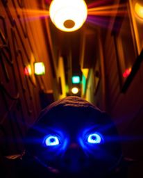 A captivating image featuring bioluminescent colors in a high-angle perspective, depicting mysterious eyes watching from the 
