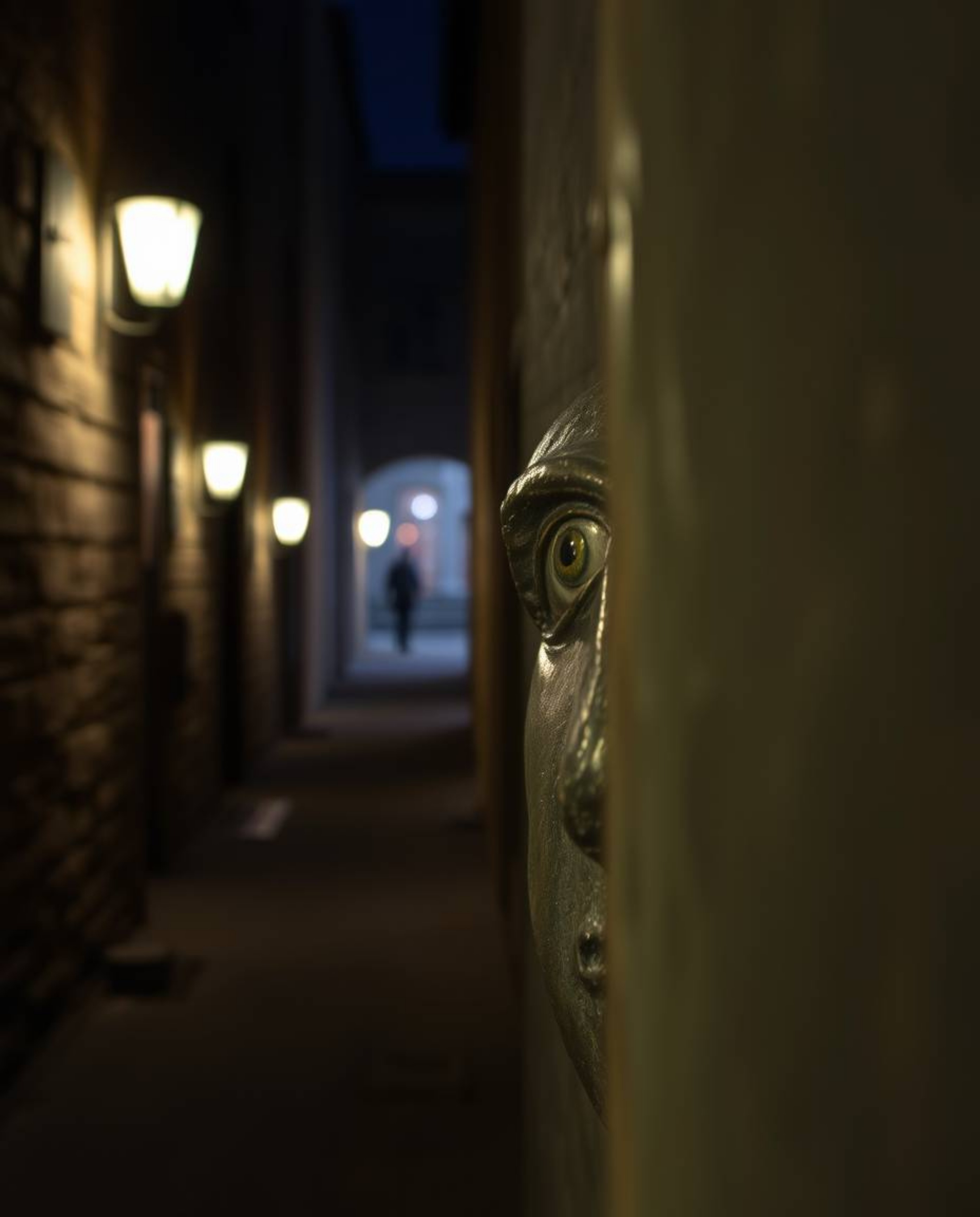 This cast bronze sculpture evokes a soft, dreamy atmosphere, depicting eyes watching from the shadowy depths of a nighttime a