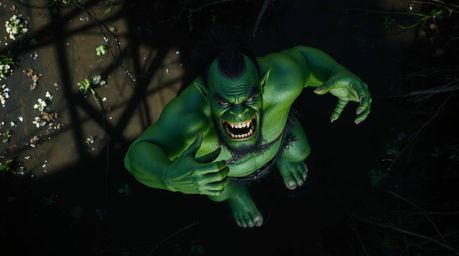 A captivating overhead shot showcases an ogre with vibrant green skin dancing in a swamp.  Deep shadows and high contrast, lo