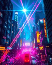 Immerse yourself in a futuristic cyberpunk cityscape illuminated by bright lens flares and vibrant neon splashes. This dynami