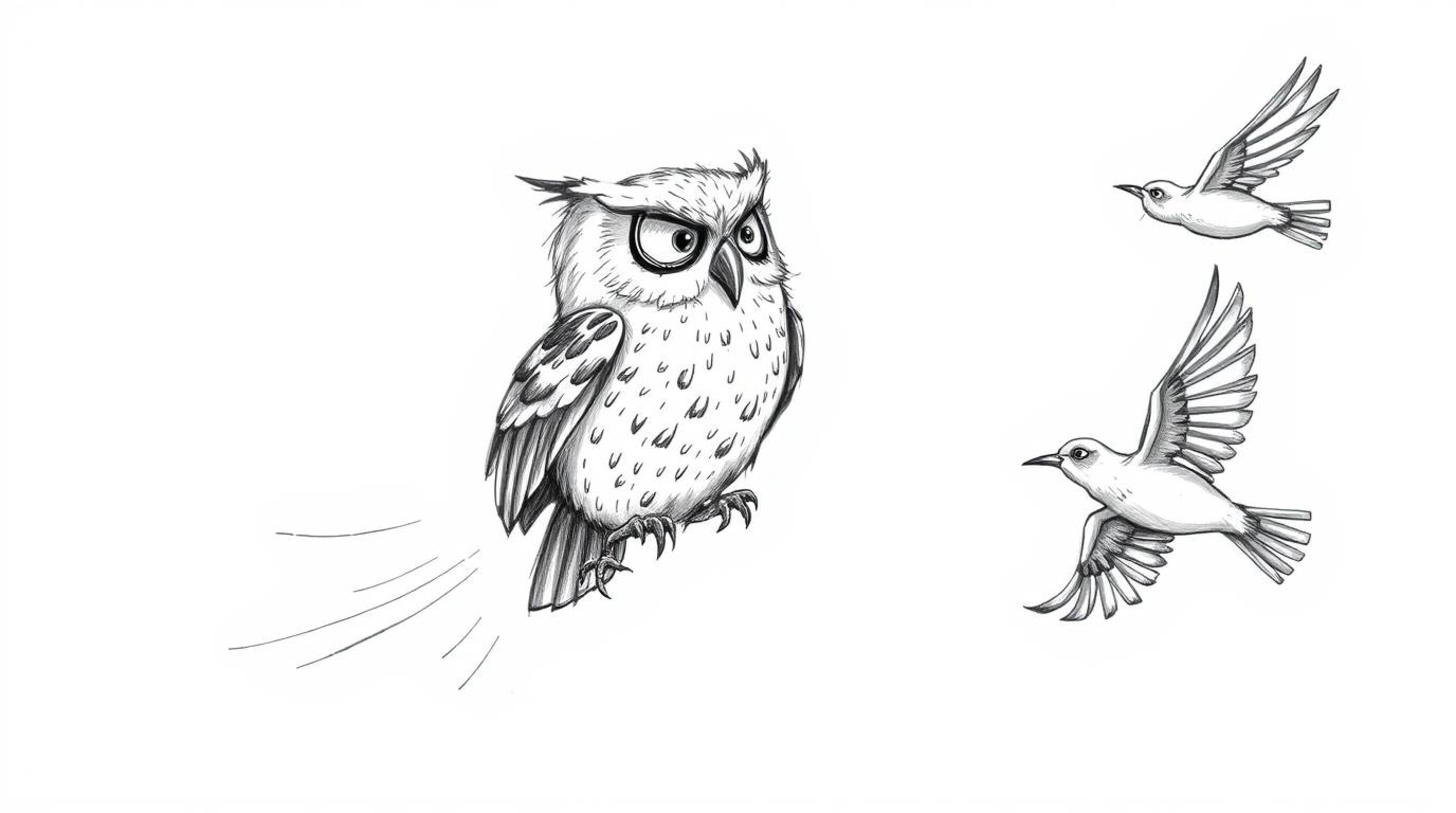 A heartwarming hand-drawn animation in a Pixar-esque style depicts a blind owl, its wisdom conveyed through textured pencil s
