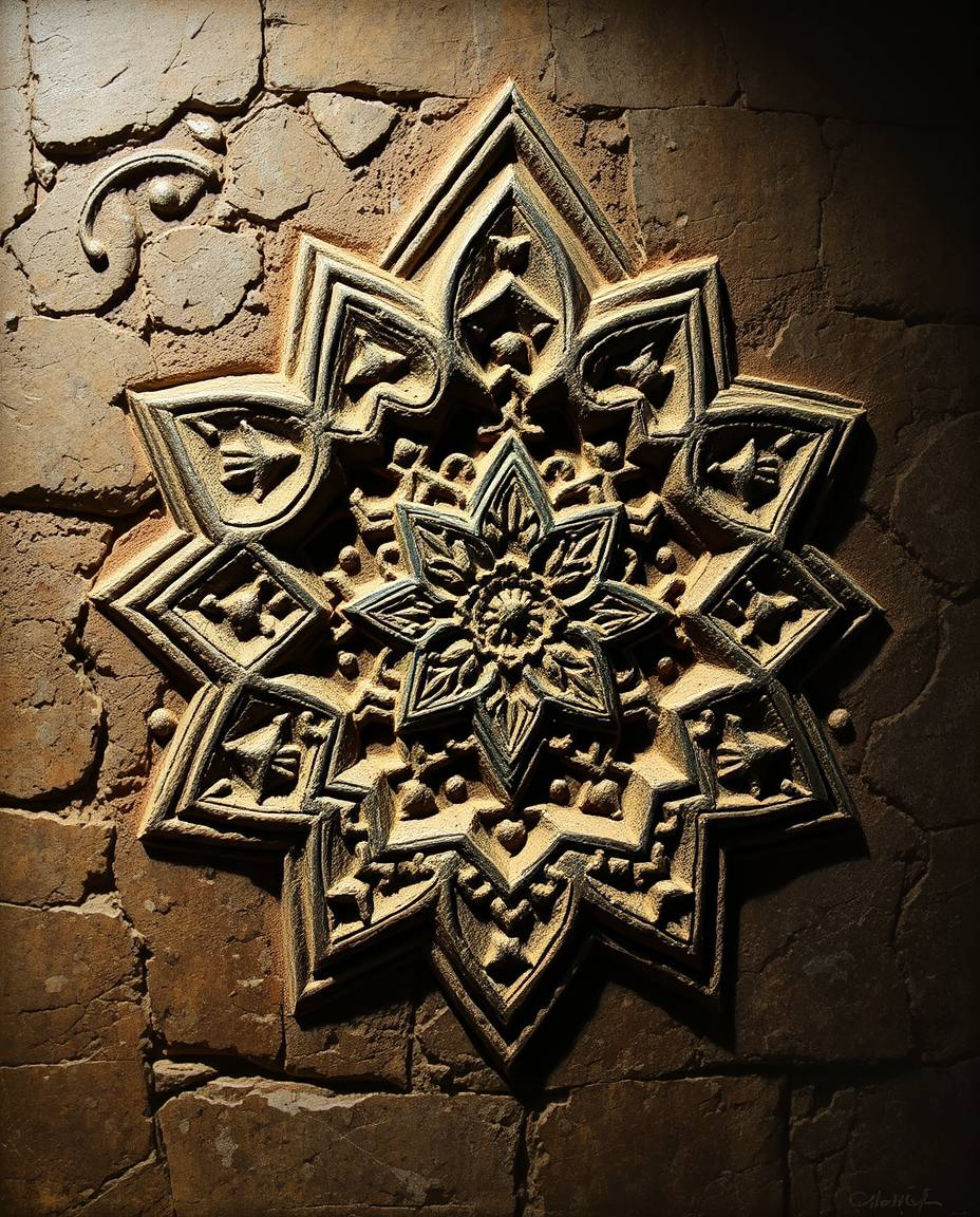 Explore the captivating blend of Islamic geometric stone carving with classic oil painting techniques. These images showcase 