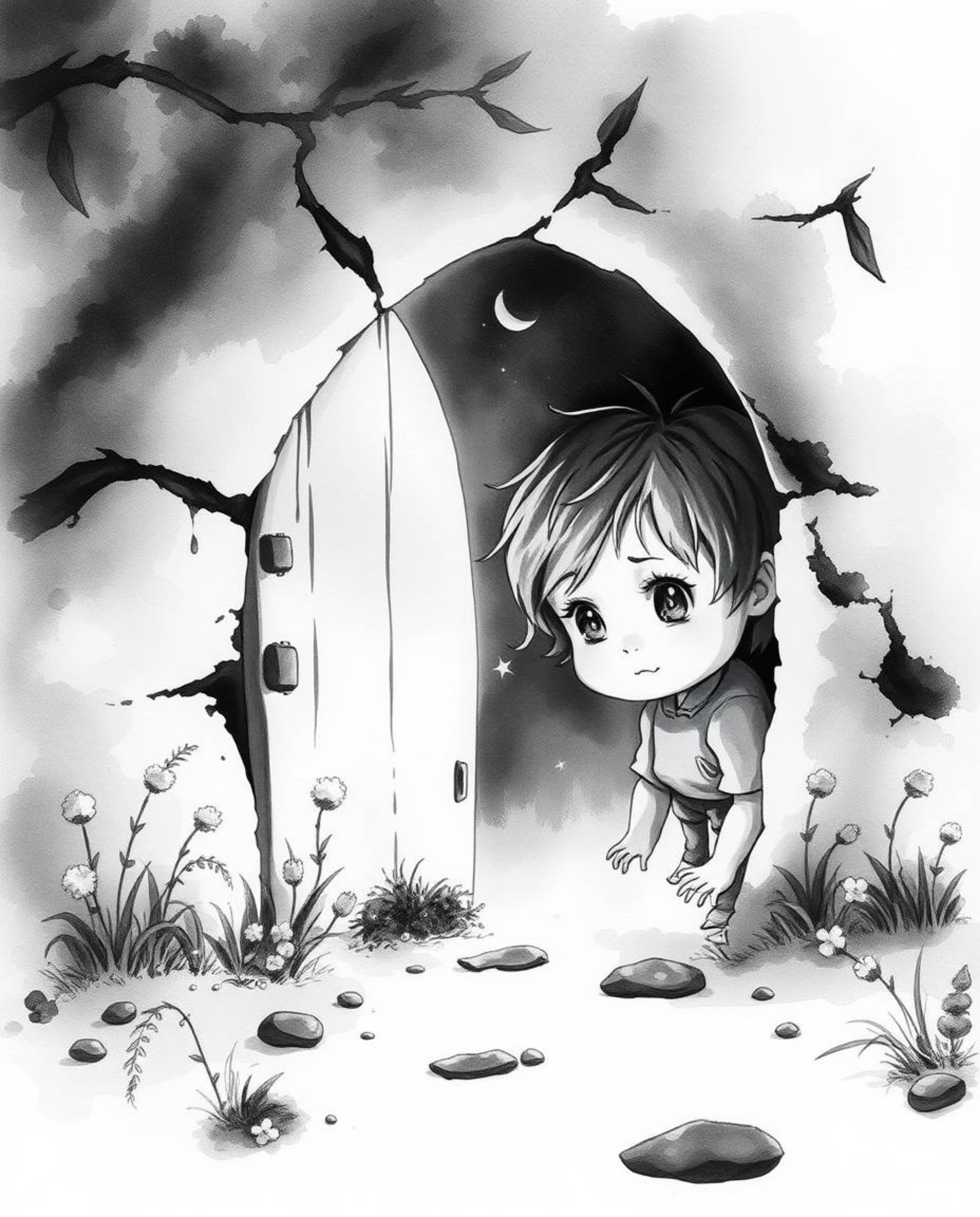 A delicate watercolor painting captures a child with expressive eyes as they discover a magical portal in their backyard. The