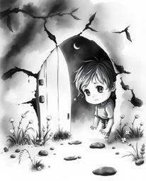 A delicate watercolor painting captures a child with expressive eyes as they discover a magical portal in their backyard. The