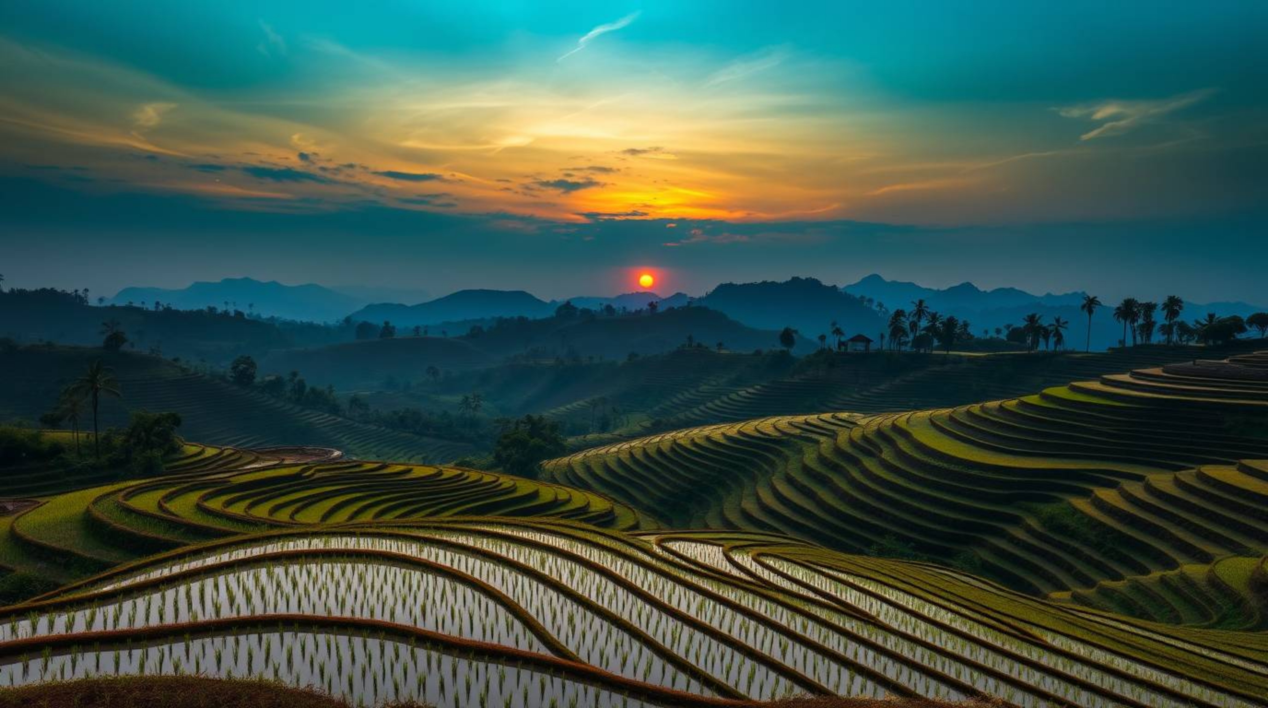 Discover breathtaking fine art photography capturing a serene sunset over lush rice terraces nestled in the mountains.  This 