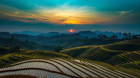 Discover breathtaking fine art photography capturing a serene sunset over lush rice terraces nestled in the mountains.  This 