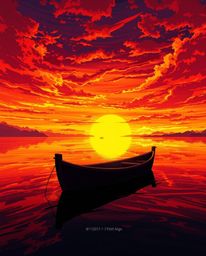This is an Isekai anime style illustration of a boat adrift on a lake at sunset. The artwork is characterized by its expressi