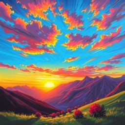 Experience a vibrant and energetic sunset over a quiet mountain valley, brought to life with bright colors and a lively compo