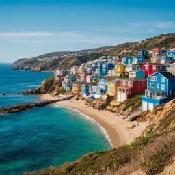 Discover a charming coastal city nestled on a hill, boasting brightly painted houses that create a vibrant and picturesque sc
