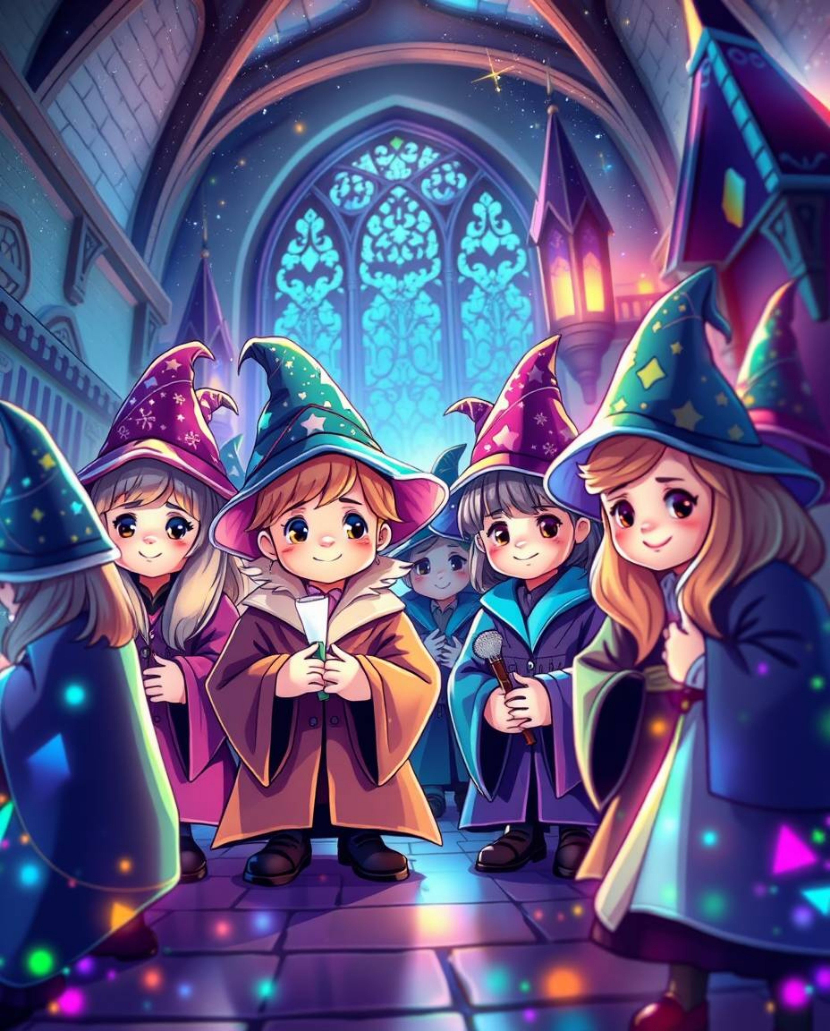 Explore a captivating iridescent magical school teeming with adorable, cute young wizards. This enchanting environment showca