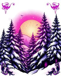 A symbolic traditional tattoo art print showcasing a sunset light sparkling on snowy pine trees in deep ultraviolet hues. Viv