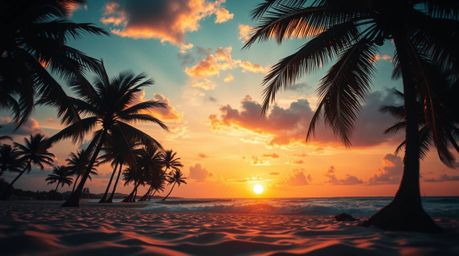 Experience a surreal and dreamlike tropical beach sunset.  Witness swaying palm trees against a vibrant sky filled with fanta