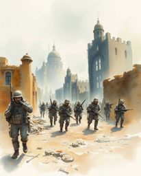 A delicate watercolor painting capturing a battlefield scene featuring time-warped soldiers amidst crumbling buildings. The a