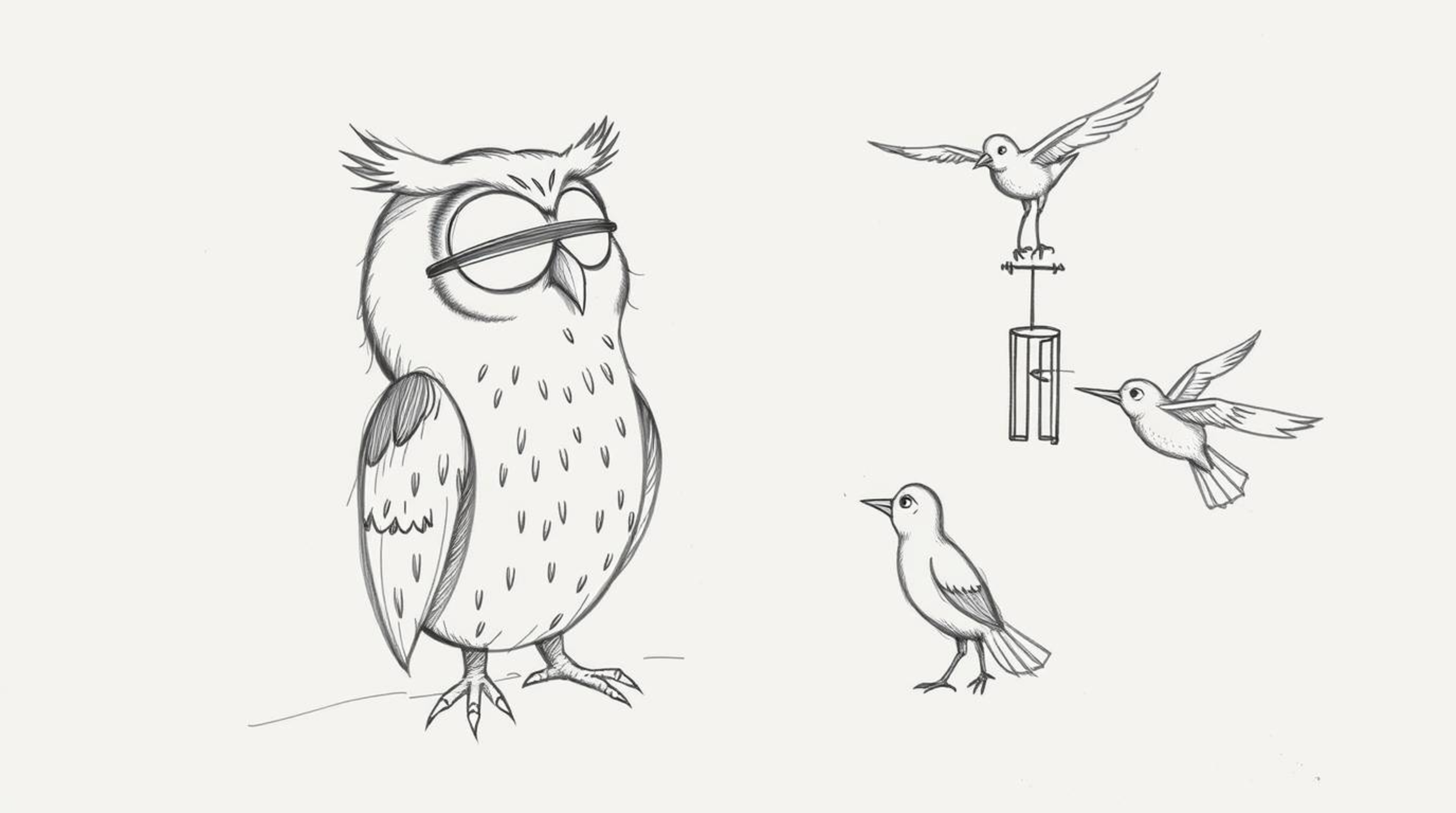 A heartwarming hand-drawn Pixar-style sketch featuring a blind owl with gentle features, dedicated to teaching birds how to f