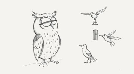 A heartwarming hand-drawn Pixar-style sketch featuring a blind owl with gentle features, dedicated to teaching birds how to f