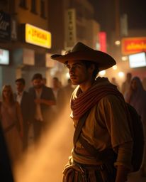 Capture the essence of candid street photography with a Disney-style twist. Imagine a brave hero illuminated by volumetric li