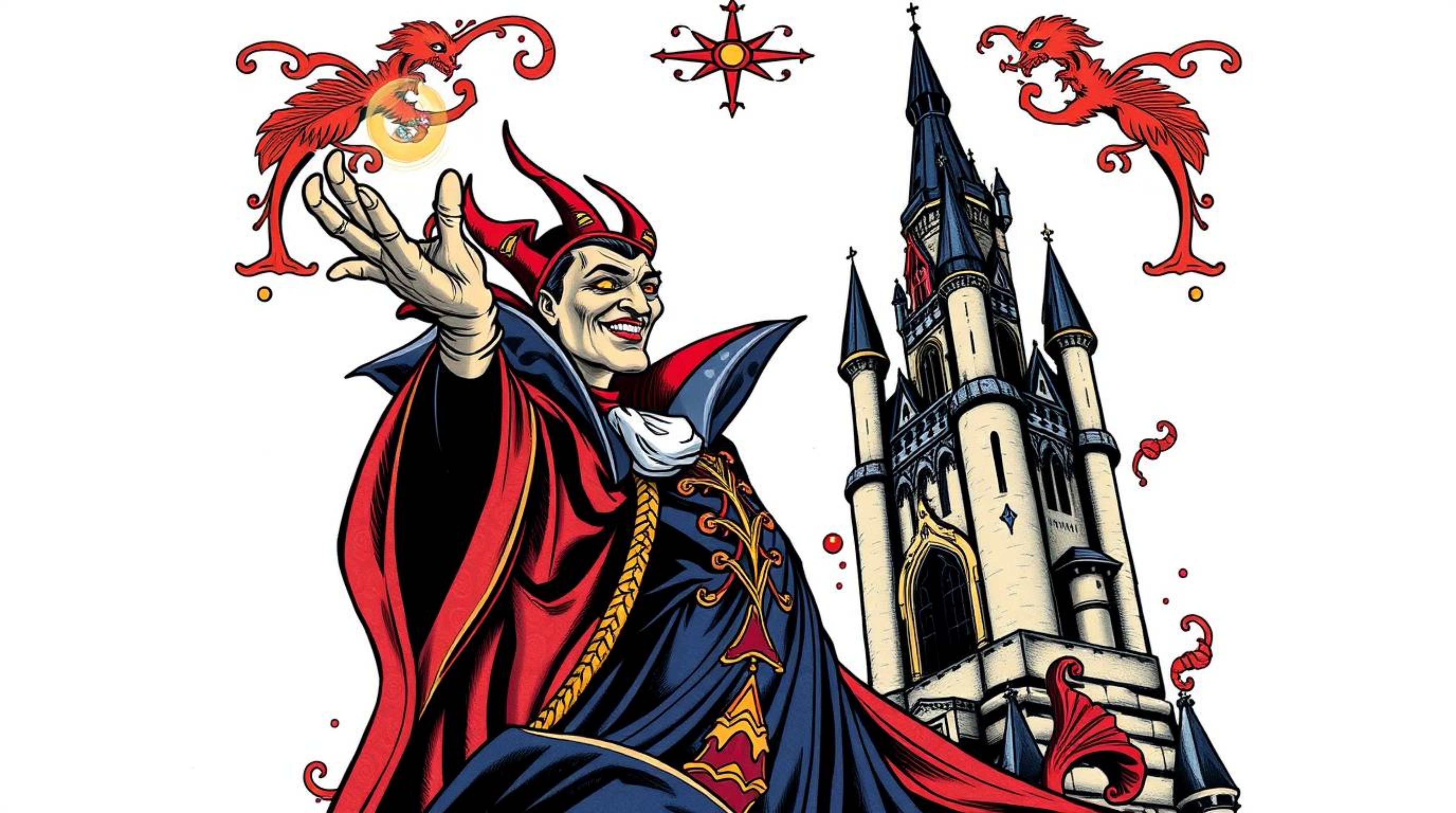A captivating traditional tattoo-style illustration depicts a classic Disney villain casting a spell within an ornate castle.