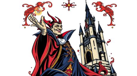 A captivating traditional tattoo-style illustration depicts a classic Disney villain casting a spell within an ornate castle.