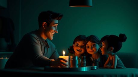 Experience a luxurious and vibrant Pixar-style family reunion bathed in rich, deep teal hues and dramatic high-contrast, low-