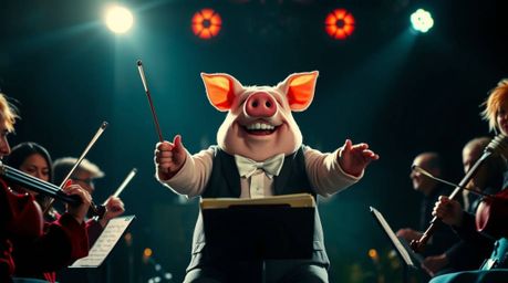 A dramatic, high-contrast image features a pig character passionately conducting an orchestra. The scene is infused with inte