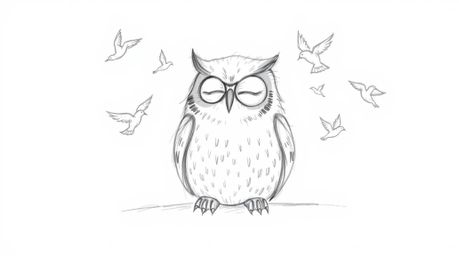 A heartwarming, Pixar-inspired hand-drawn sketch depicts a blind owl resting peacefully against a plain white background. Joy