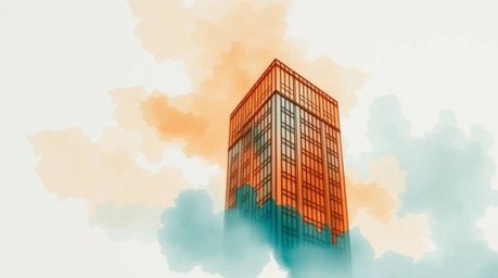 Delicate watercolor painting showcasing a modern glass building dissolving into a soft, cloudy sky using warm terracotta and 