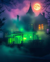 A dynamic image captures a fog-covered Victorian mansion bathed in moonlight, radiating a bioluminescent glow with vibrant co