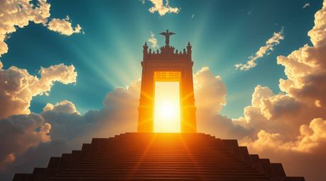 A breathtaking scene of a heavenly gate suspended above the clouds, bathed in cascading golden light illuminating a staircase