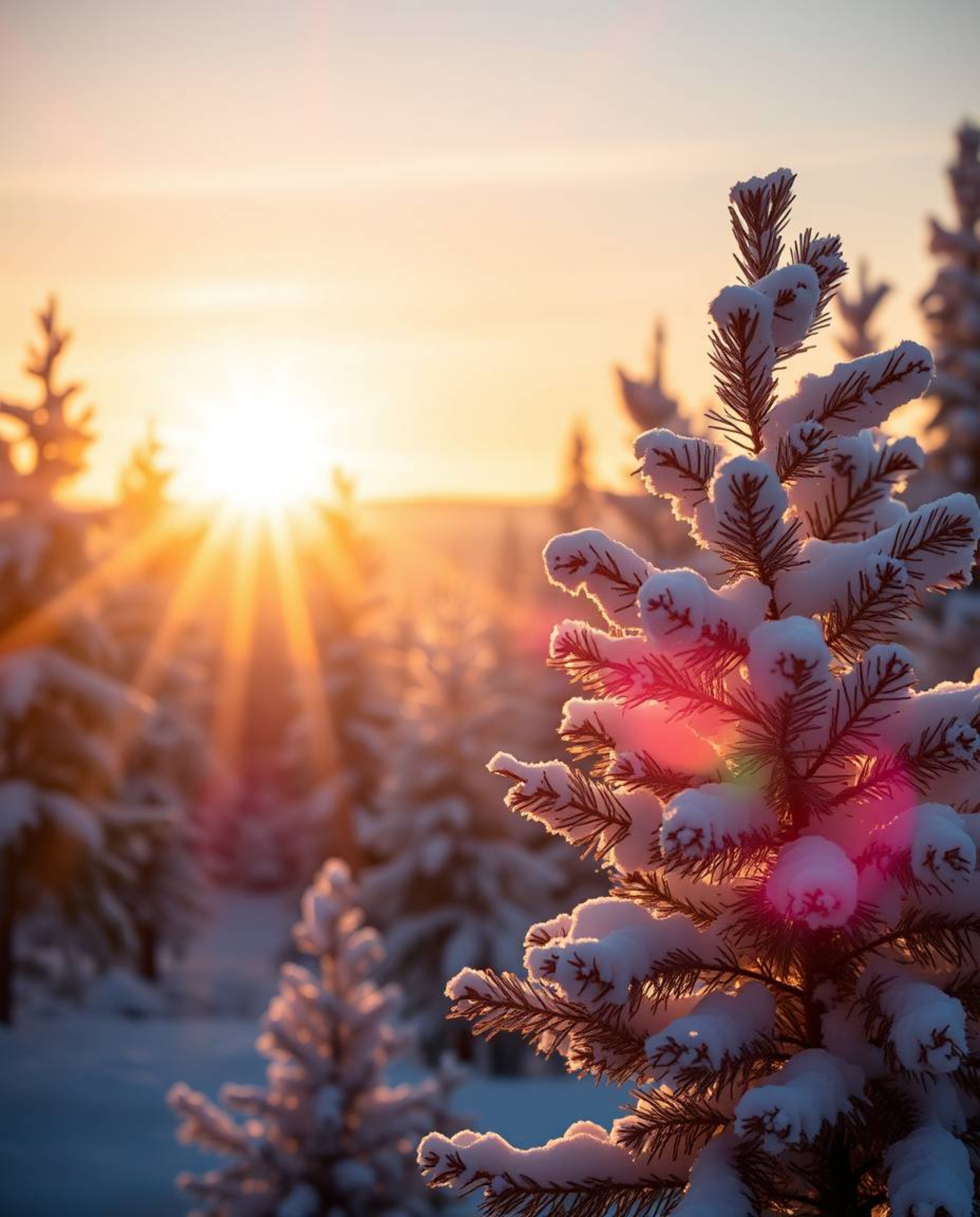A high-resolution stock photo depicting a sunset light sparkling on snowy pine trees with bright, vibrant colors. Lively, ene