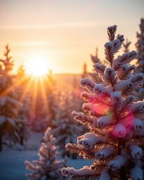 A high-resolution stock photo depicting a sunset light sparkling on snowy pine trees with bright, vibrant colors. Lively, ene