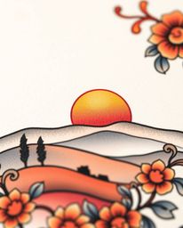 This is an extreme macro close-up of a symbolic traditional tattoo art print, set against a clean white background. The artwo