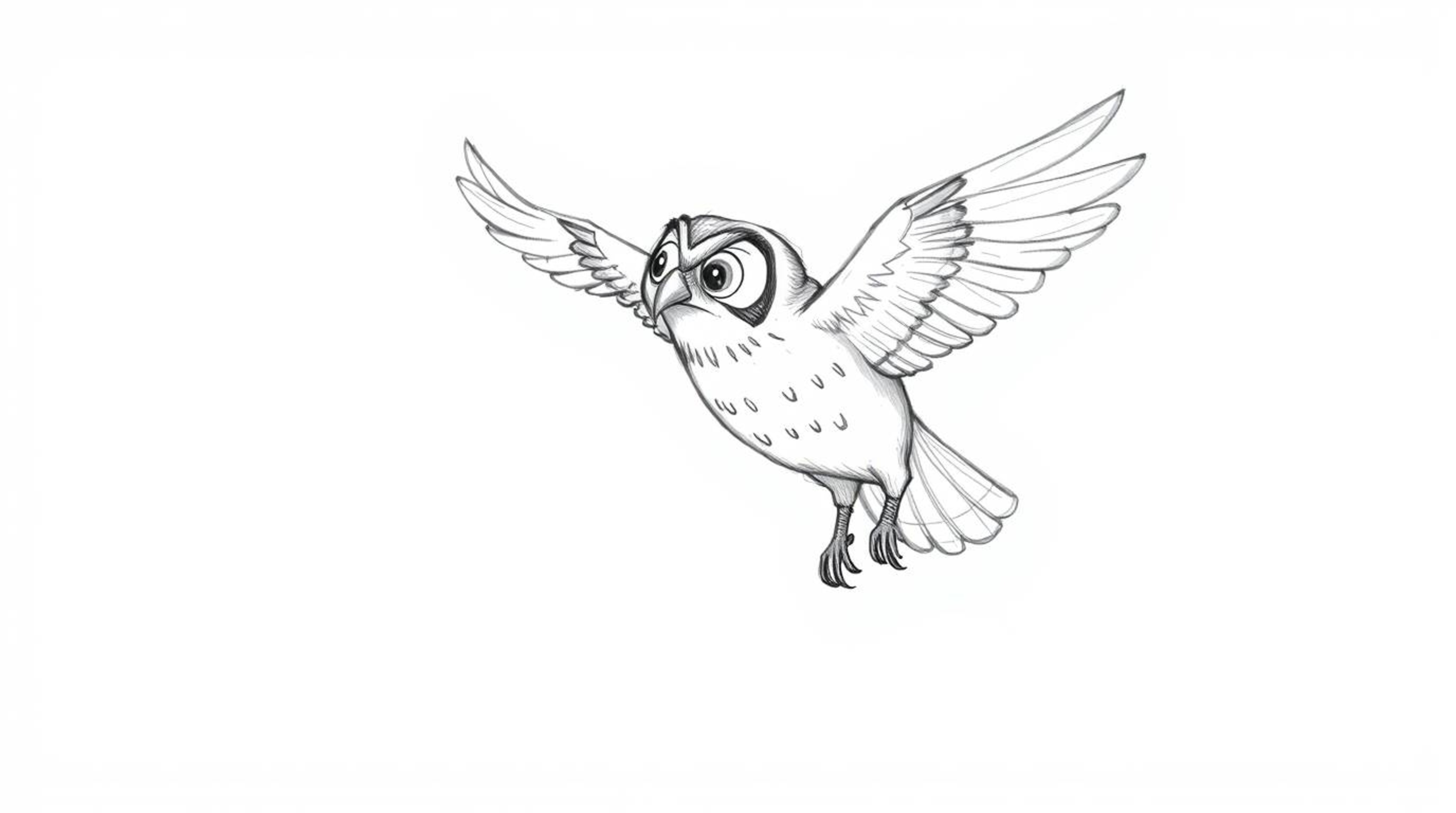 A captivating hand-drawn sketch in the style of Pixar depicts a blind owl, textured with pencil strokes, guiding birds to fly