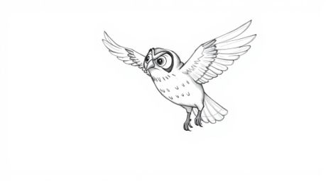 A captivating hand-drawn sketch in the style of Pixar depicts a blind owl, textured with pencil strokes, guiding birds to fly