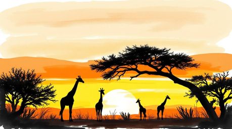 A hand-drawn color sketchnote style sketch depicting a savanna sunset, silhouetting graceful giraffes against the vibrant sky