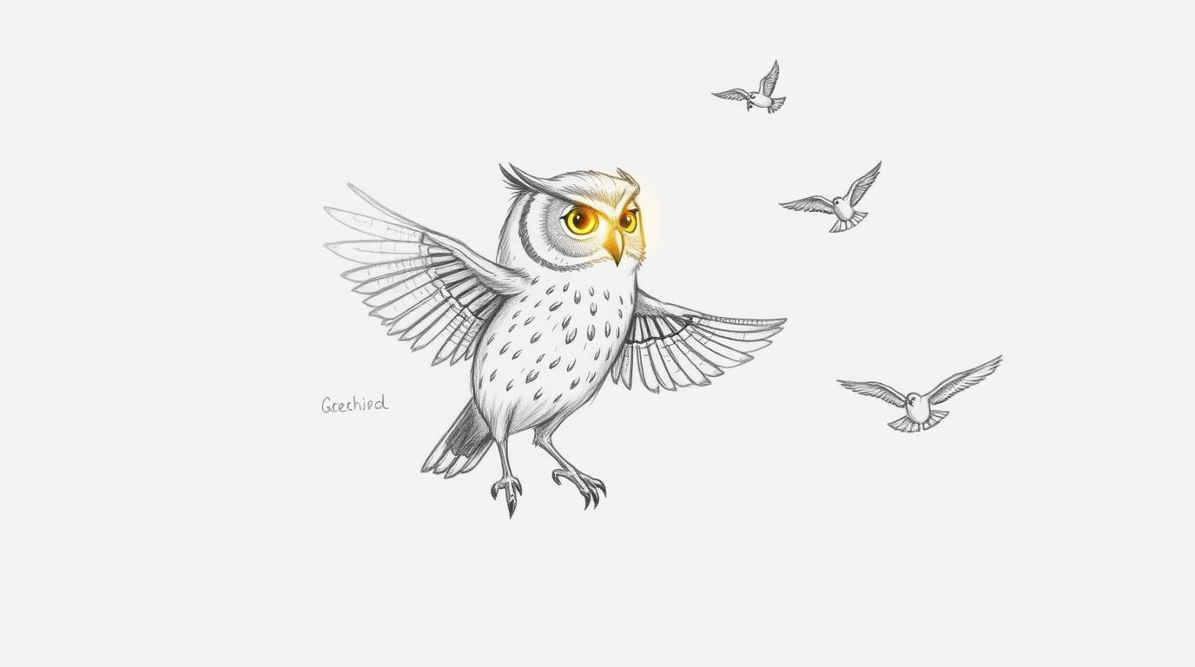A hand-drawn pencil sketch in the Pixar style depicts a heartwarming scene of a blind owl, its feathers illuminated by a sunb