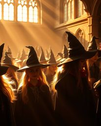 Discover a magical school brimming with young wizards, bathed in the warm, enchanting glow of sunrise or sunset. Rich reds,