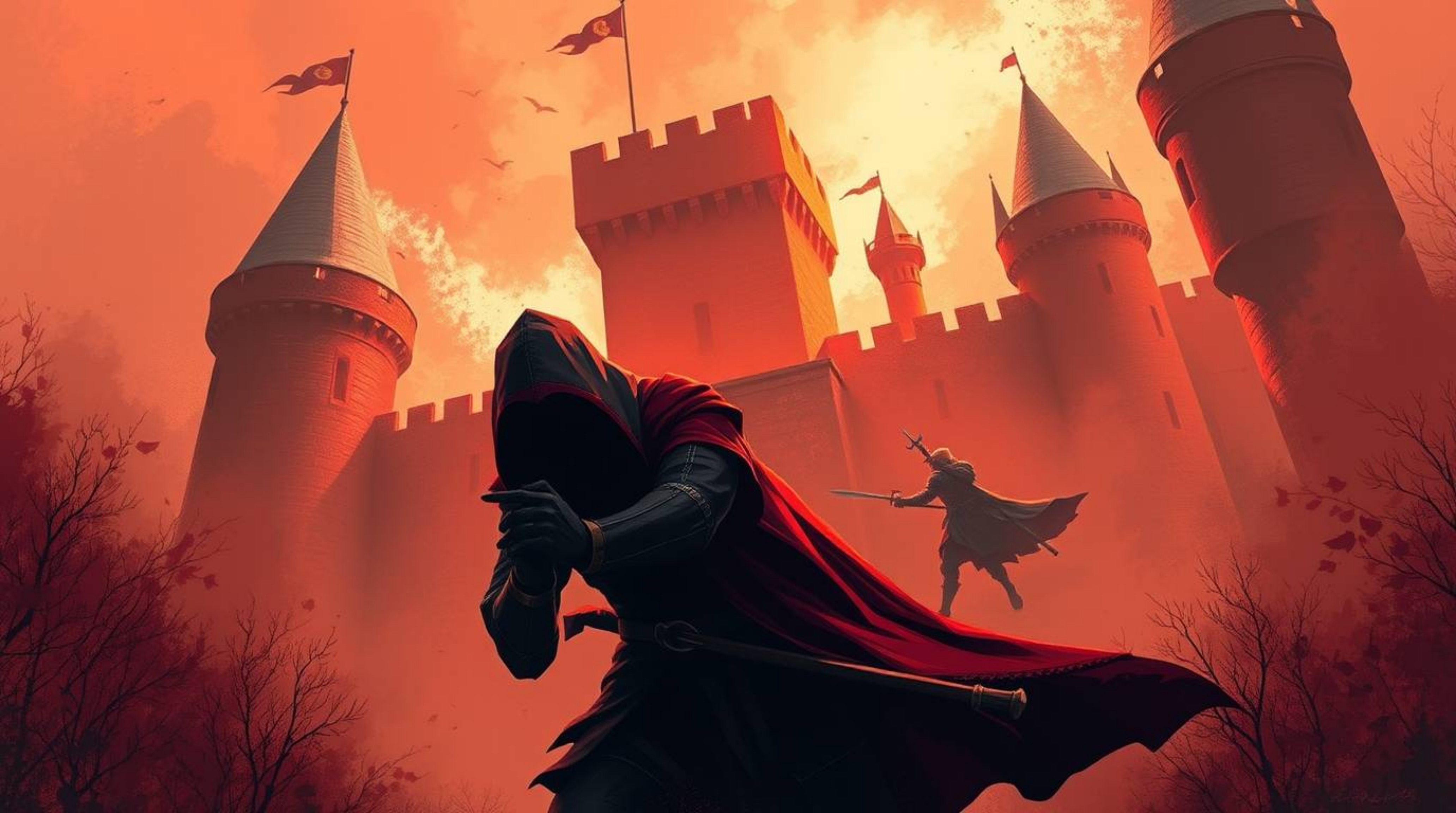 A daring thief attempts a nighttime infiltration of a heavily fortified castle, bathed in a warm color palette of reds, orang