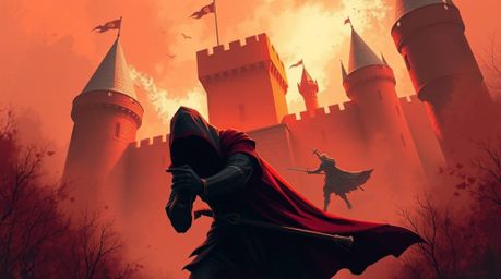 A daring thief attempts a nighttime infiltration of a heavily fortified castle, bathed in a warm color palette of reds, orang