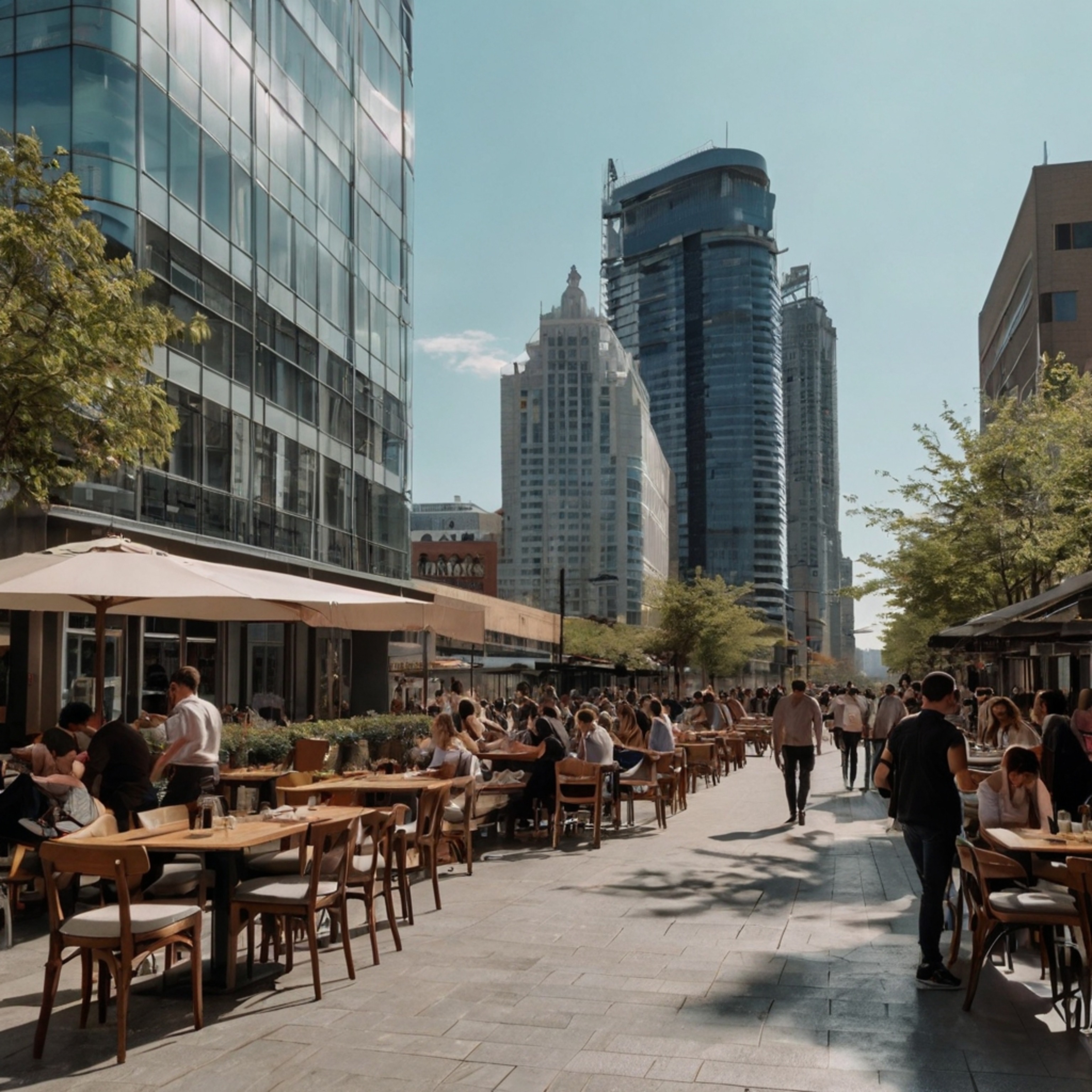 This modern city center boasts striking glass buildings and wide, pedestrian-friendly streets, creating an inviting atmospher